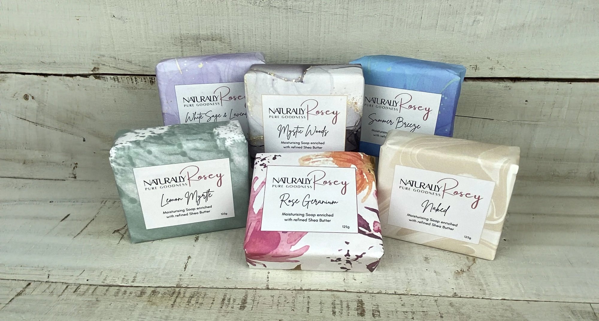 Naturally Rosey handmade soap bars including Lemon Myrtle, Rose Geranium and Naked